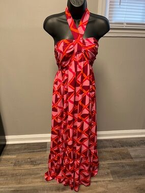 Geometric Halter Maxi Dress - Red and Pink from Entro.